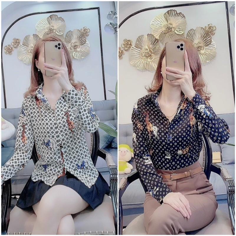 Áo sơ mi cổ đức hoạ tiết hươu cao cổ dài tay cao cấp