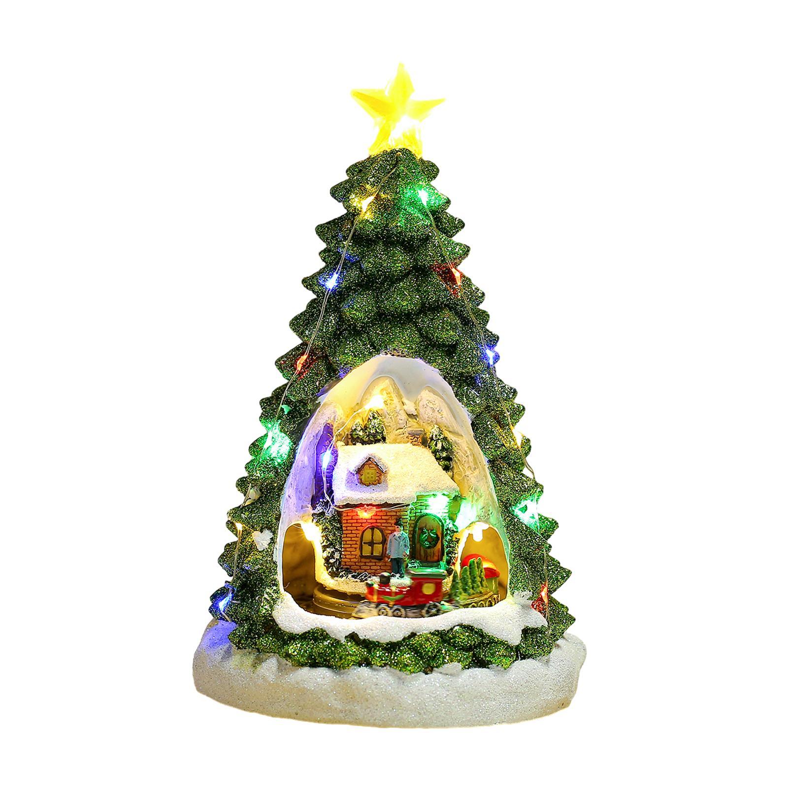 Christmas Tree Glowing House Holiday House Xmas Music Ornament Rotating Train Figurine Statue for Home Living Room Decoration