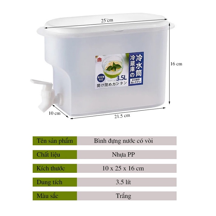 Bình Đựng Nước Tủ Lạnh 3.5 lít Nhựa PP  Có Vòi ,Chịu Nhiệt, An Toàn, Tiện Lợi, Cao Cấp