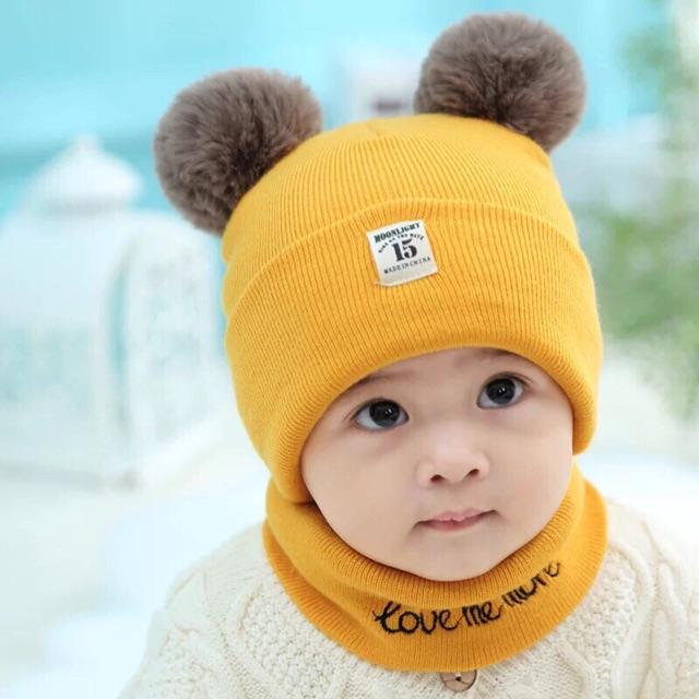 Set mũ len 2 bông và khăn len cho bé 6 tháng đến 3 tuổi