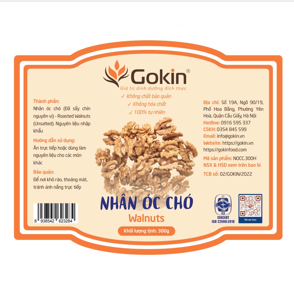 Nhân óc chó sấy chín GOKIN hũ 300g - Tốt cho trí não và tim mạch phù hợp với mọi độ tuổi đặc biệt là bà bầu, người ăn chế độ Healthy, đạt tiêu chuẩn ATTP