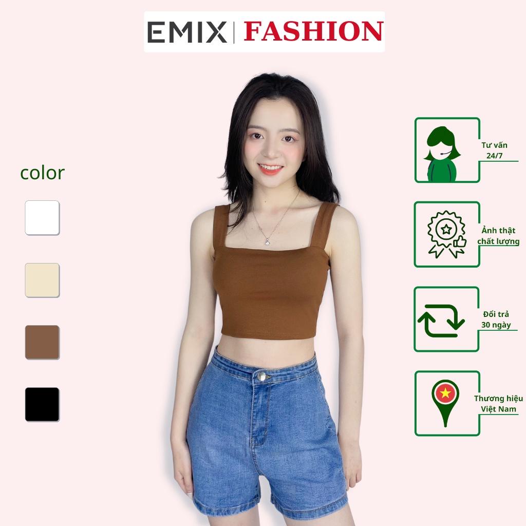 Áo croptop nữ 2 dây bản to EMIX (4 màu), dáng ngắn, cổ vuông, có mút lót, vải cotton co giãn, thấm hút tốt 6045