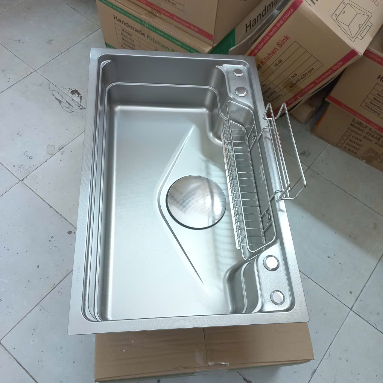Chậu rửa bát 1 hố inox304 có giá cài thớt, vân linen chống xước 78x48cm thành dày 4li, khay inox, thớt inox, thoát nhanh ngăn mùi-Hàng chính hãng