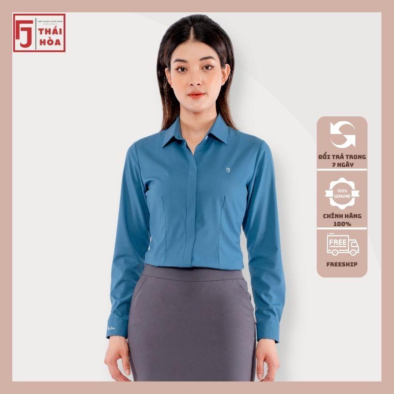 Áo sơ mi nữ Thái Hoà cao cấp đẹp sợi tre kiểu hoạ tiết chìm xanh cô ban 9021-08-02