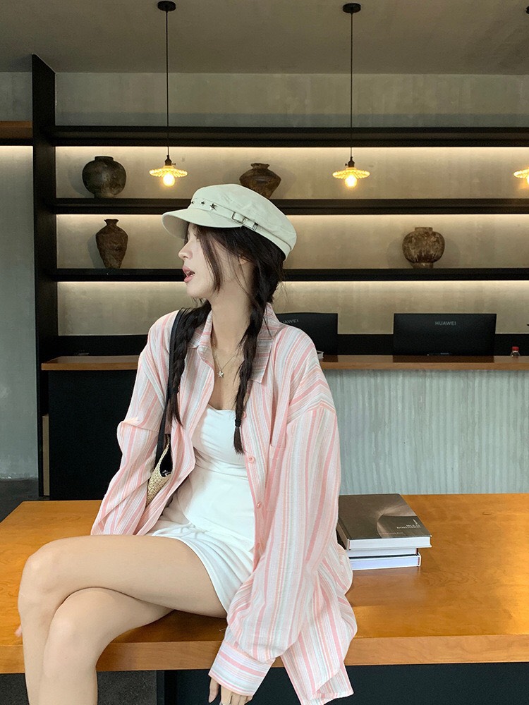 Áo sơ mi khoác ngoài form rộng unisex - Áo sơ mi nữ oversize sọc nhỏ số 12