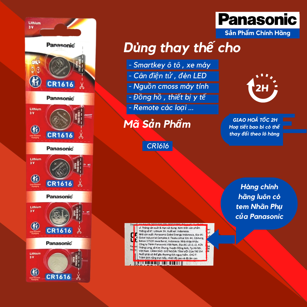 Vỉ 5 Viên Pin CR1616 Lithium 3V Panasonic – Hàng Chính Hãng