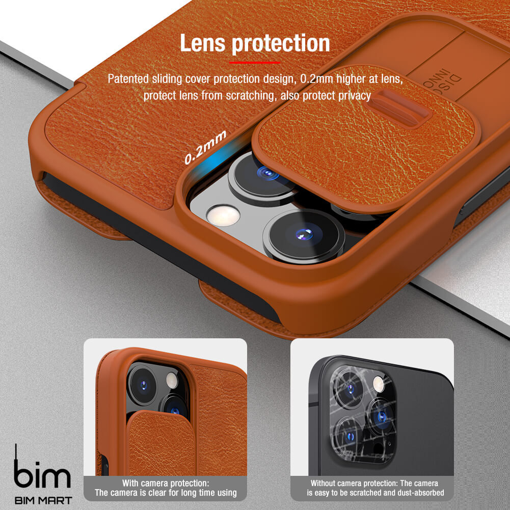 Bao da dành cho iPhone 13 Pro hàng chính hãng Nillkin QIN có nắp trượt bảo vệ camera