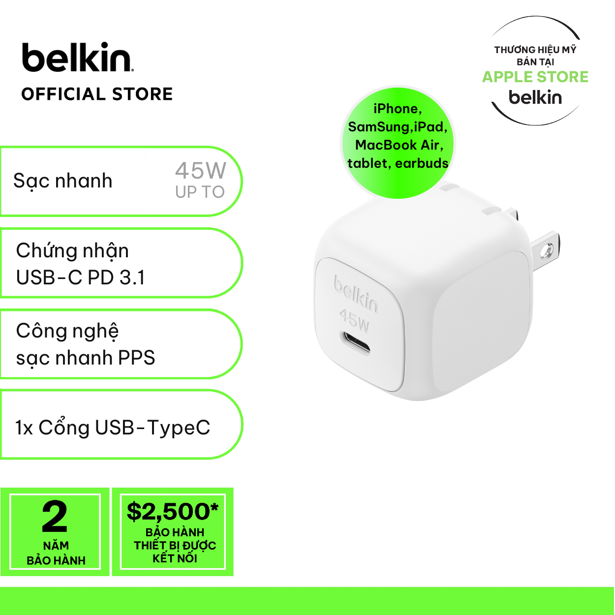 Củ sạc nhanh 45W Belkin USB-C PD PPS Cubic Wall Charger màu trắng - Hàng chính hãng