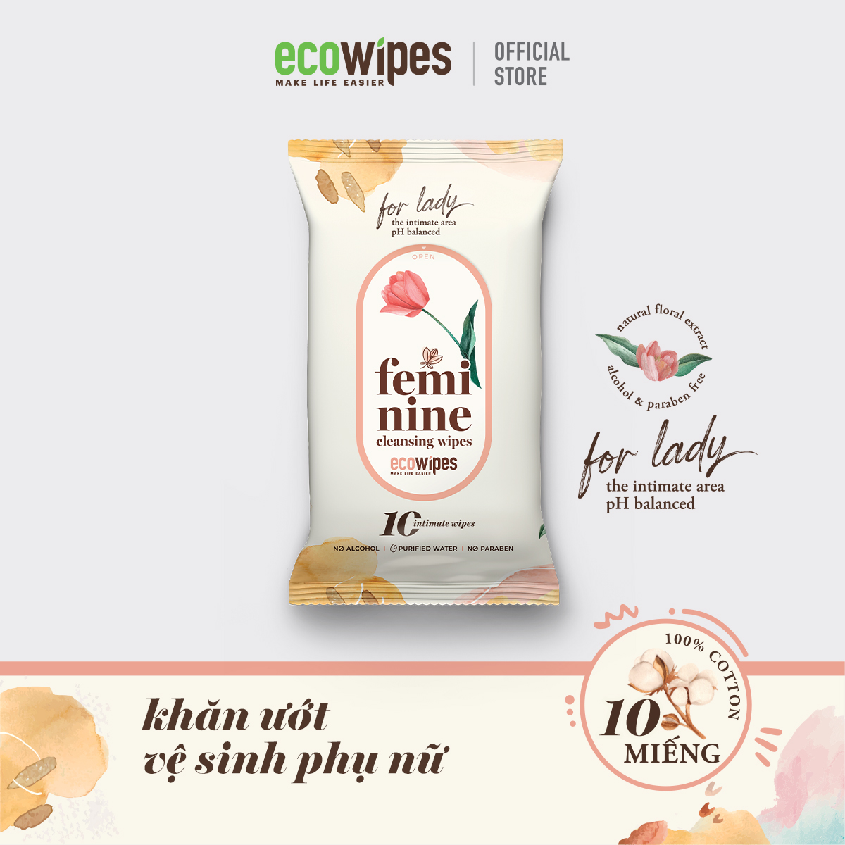 Khăn giấy ướt phụ khoa Ecowipes gói 10 tờ vệ sinh cho phụ nữ hương Daisy size 15x20cm nhỏ gọn dễ bỏ túi