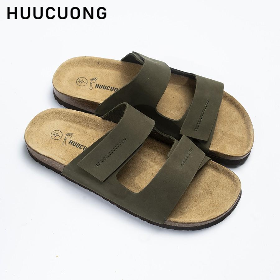 Dép nam Huucuong dập chỉ da bò rêu đế trấu handmade