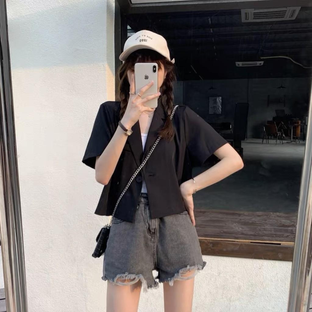 Áo khoác vải blazer dáng ngắn trơn màu Ulzzang style Hàng quảng Châu