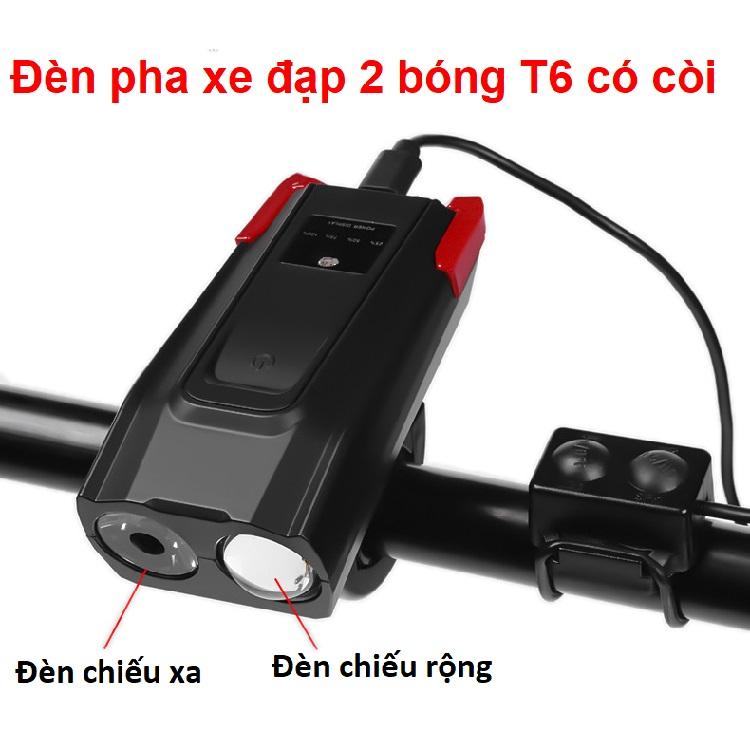 Đèn pha xe đạp 2 bóng T6 có còi