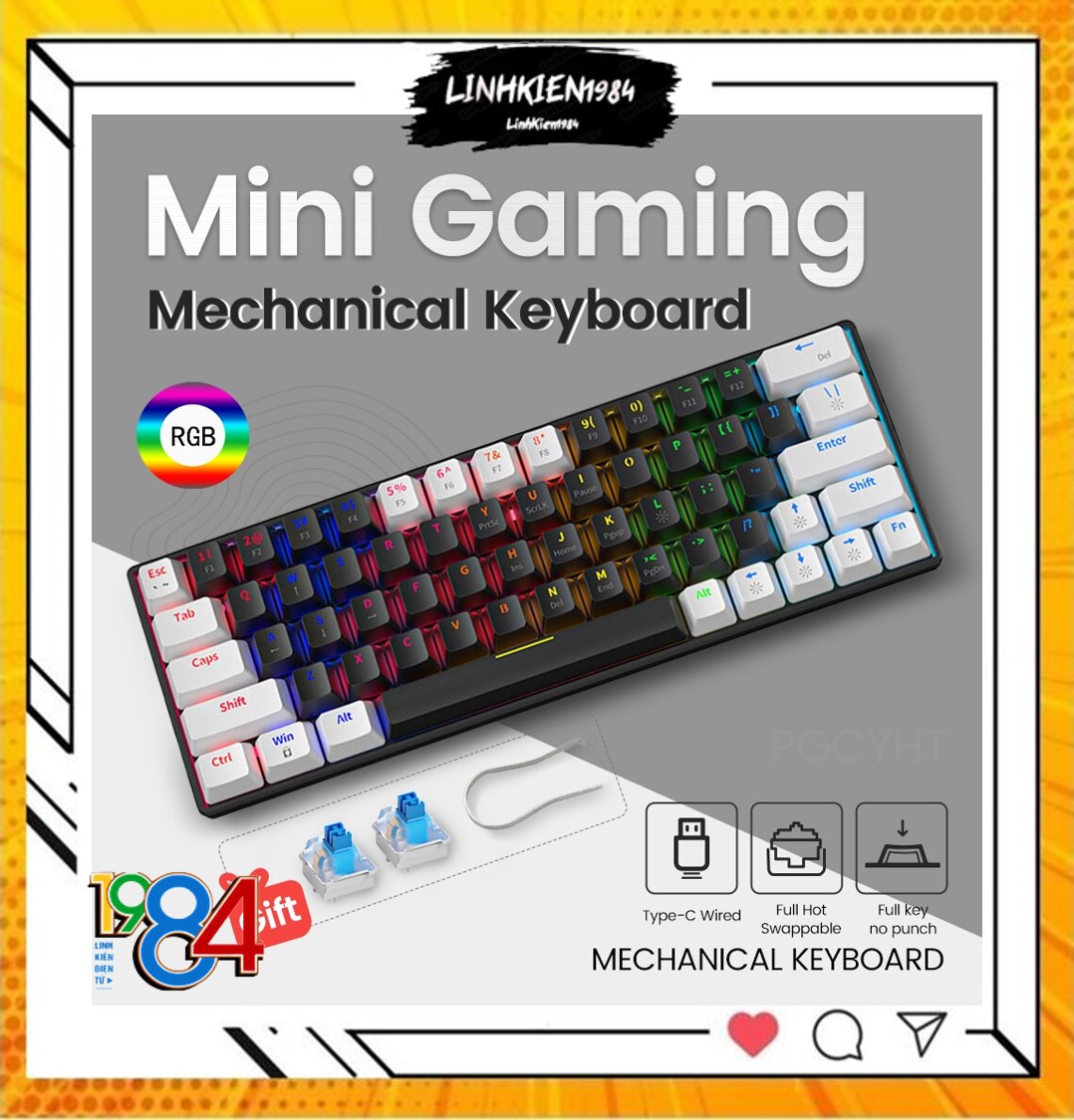 Bàn phím cơ Blue Switch ZIFRIEND KA6406 với thiết kế mini size vô cùng nhỏ gọn kèm theo đèn led RGB