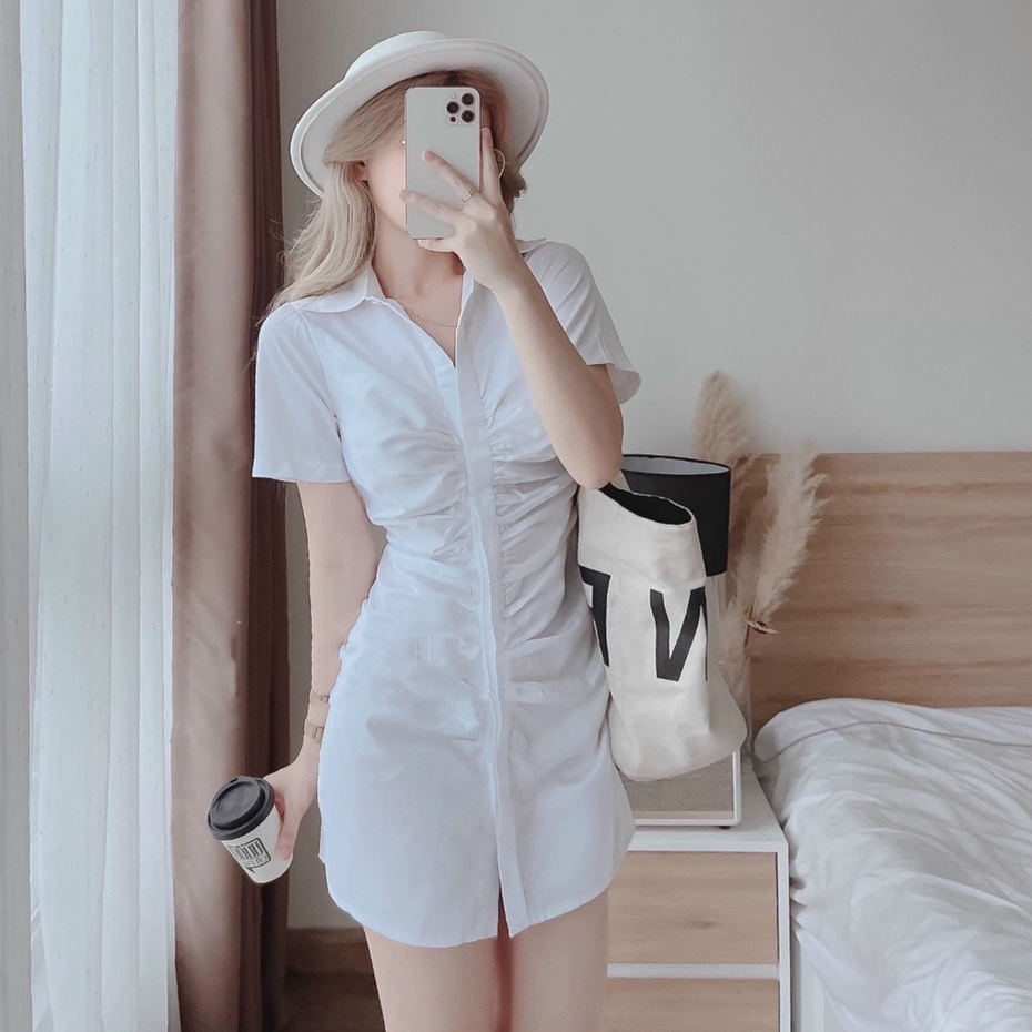 Đầm sơ mi nữ cộc tay nhúm ngực, váy ngắn dáng ôm body chất lụa thô sang chảnh