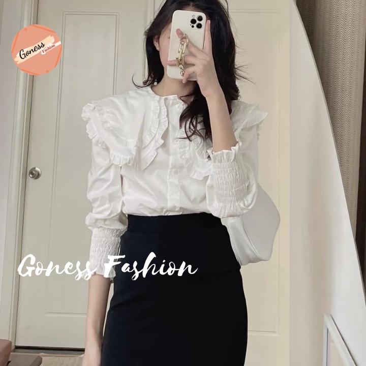 Áo sơ mi nữ Goness tay phồng dài công sở cao cấp kiểu cổ bèo đẹp nhiều màu sang trọng A10