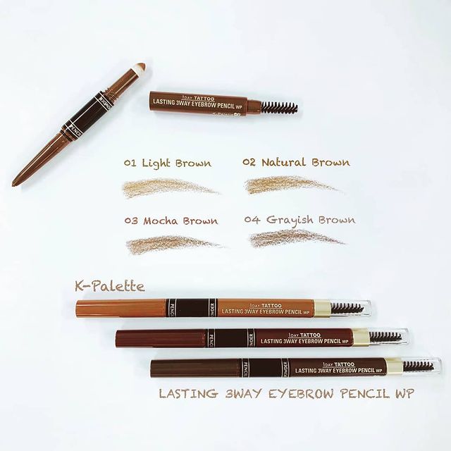 Bút Vẽ Lông Mày 3 Đầu Nhật Bản, Đầu Chì, Đầu Bột, Cọ Chải, K-Palette Eyebrow Pencil, Chống Lem, Lâu Trôi, Bền Màu 24h (04 Màu nâu xám)