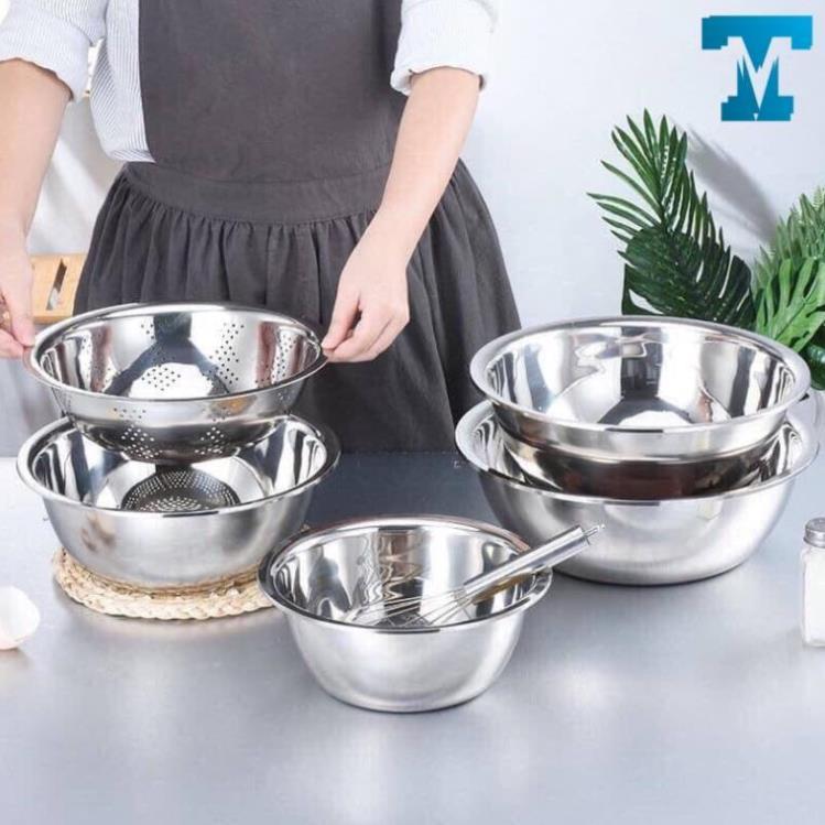 Bộ Thau Rổ Inox 5 Món, dụng cụ nhà bếp, thau rửa rau, thịt, v.v