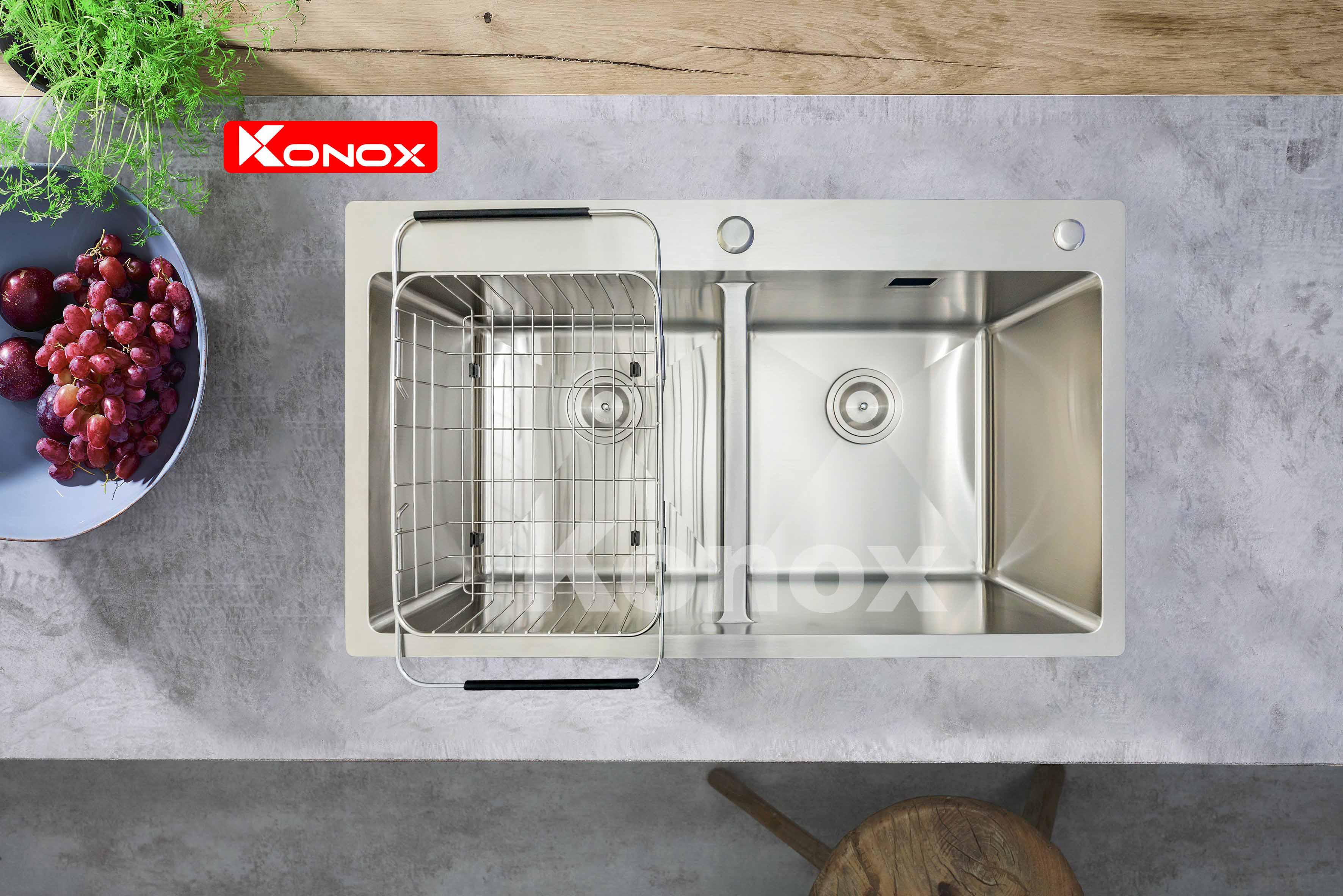 Chậu rửa bát Konox, Overmount Series, Model KN8248DOB , Inox 304AISI tiêu chuẩn châu Âu, 820x480x228(mm), Hàng chính hãng