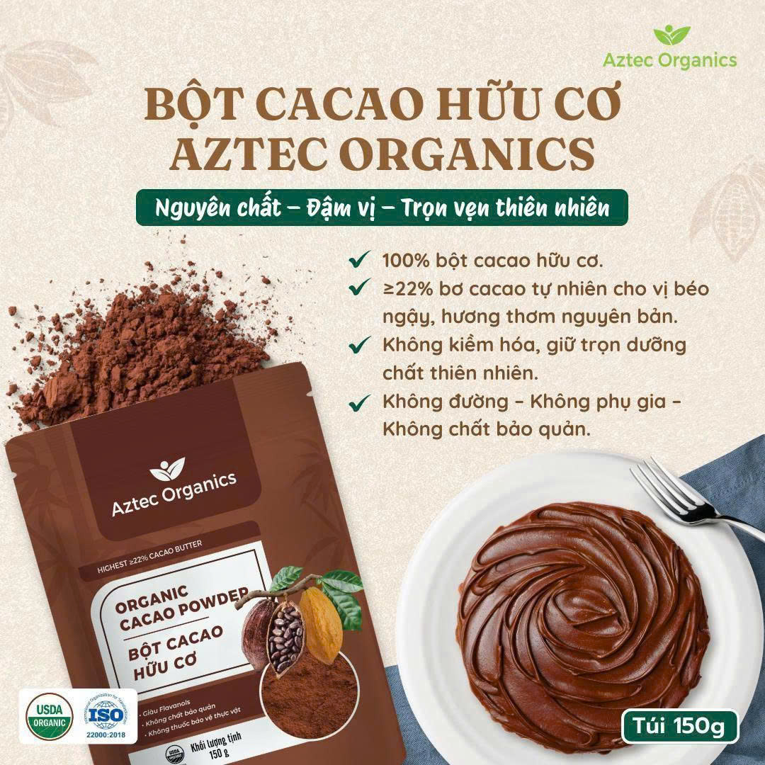 Bột Cacao Hữu Cơ Aztec Organics 150g - Bột Cacao Hữu Cơ Aztec Organics 150g – 100% Nguyên Chất, Không Đường, Giàu Flavan