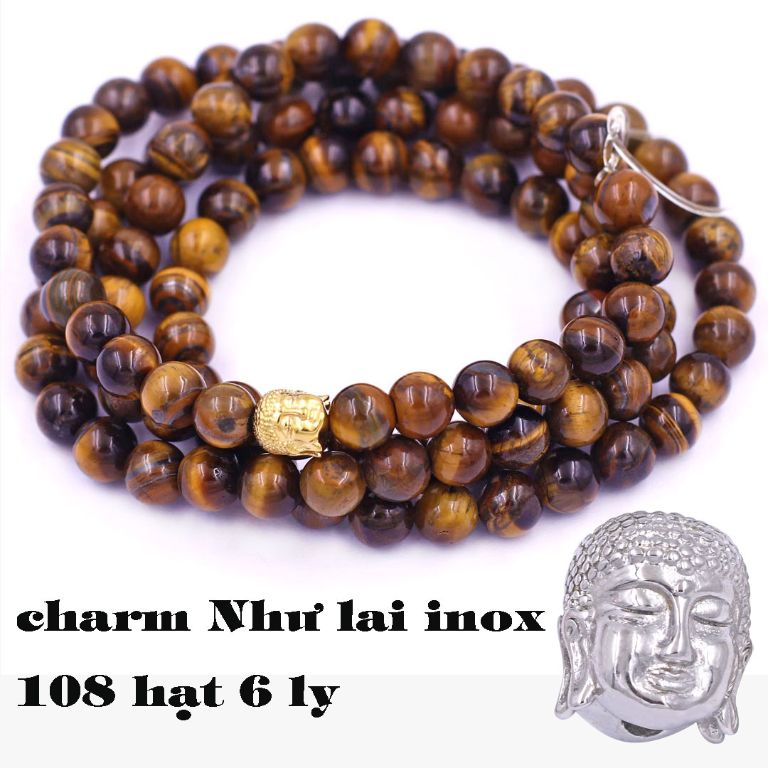Bộ Vòng Chuỗi, Tràng Hạt 108 Hạt 6 Ly Đá Mắt Hổ Vàng Đen Charm Phật A Di Đà Inox - Tràng Chuỗi Niệm Phật - An Yên - Thịnh Vượng - May Mắn - Tài Lộc