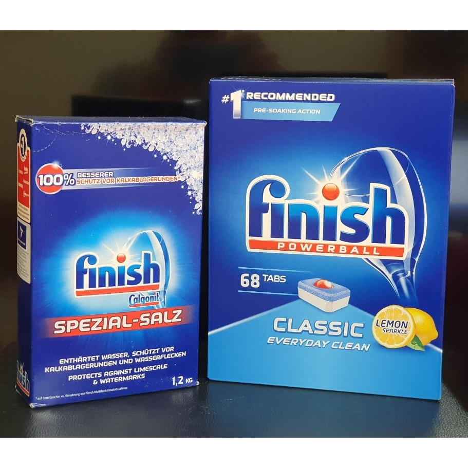 combo Muuối rửa bát Finish 1,2kg+Viên rửa chén bát Finish 68 viên dùng cho máy rửa bát