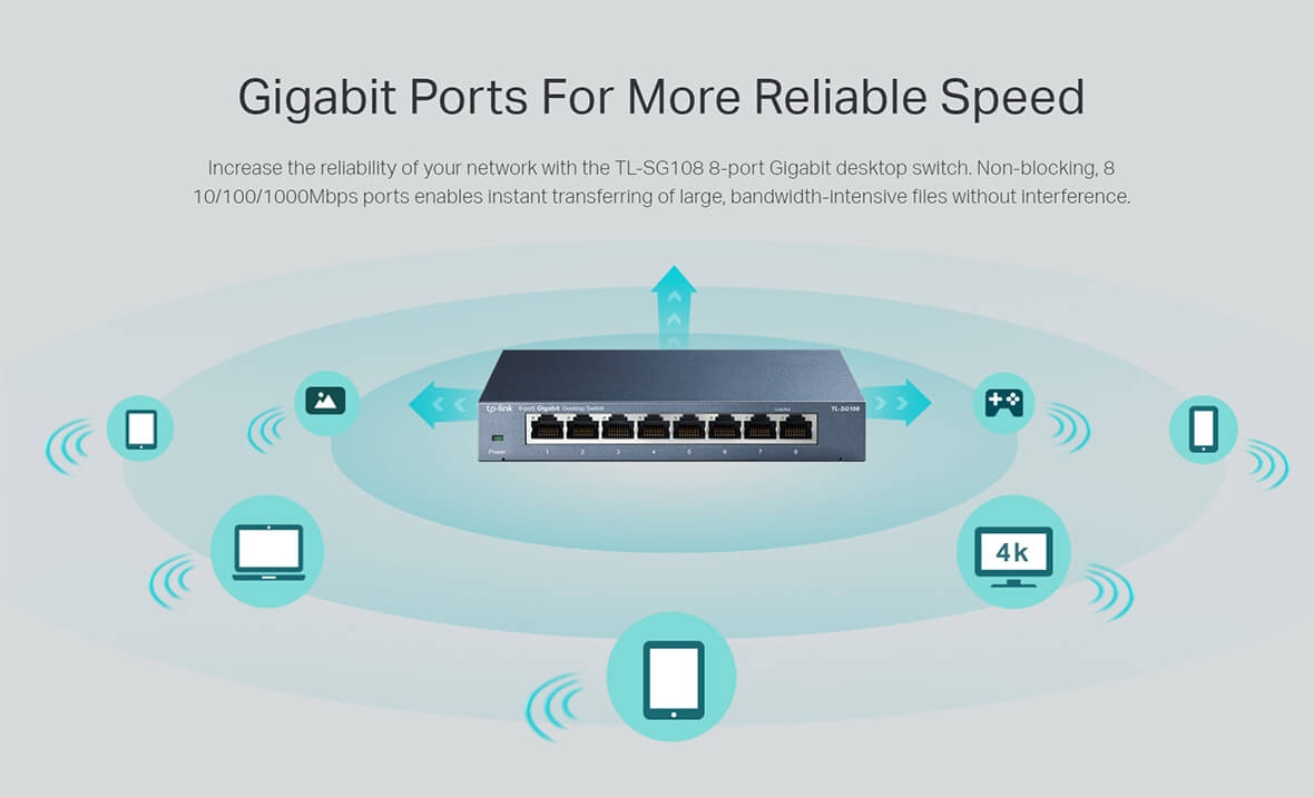 Switch TP-Link TL-SG108 Gigabit Hàng Chính Hãng - 8 cổng RJ45 10/100/1000Mbps, Vỏ Kim Loại