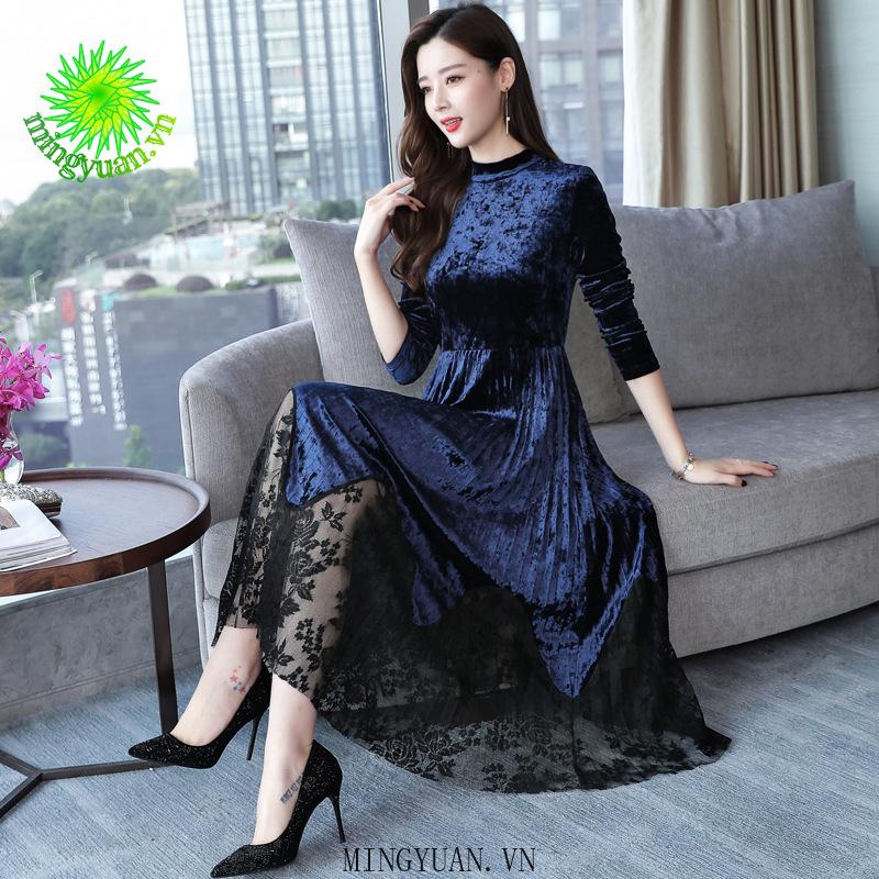Đầm Nhung Phối Ren Dài Tay Phong Cách Thanh Lịch Dành Cho Nữ