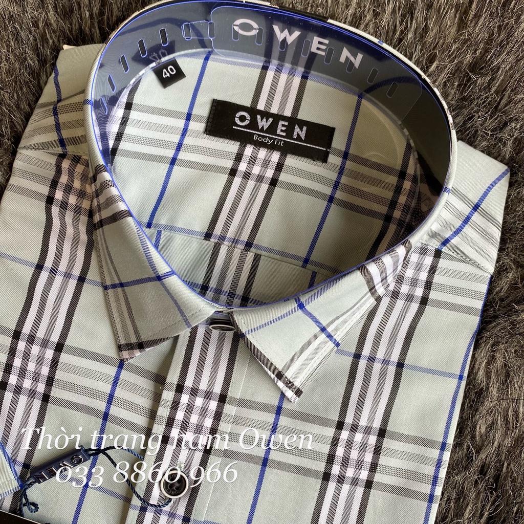 OWEN - Áo sơ mi ngắn tay Owen vạt ngang sợi Bạc hà kẻ ca rô xanh 220403