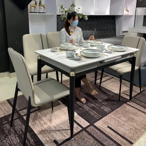 Bộ bàn ăn mặt đá phiến thông minh kéo dài kèm ghế zena