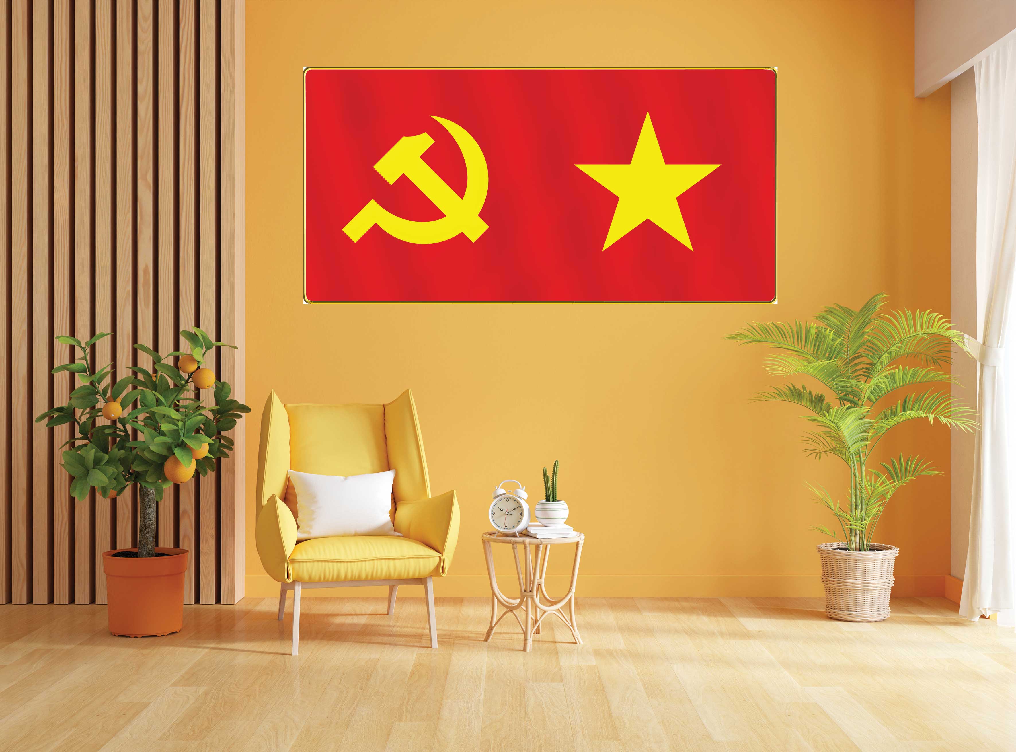 Tranh Cờ Đảng Và Quốc Kỳ Việt Nam, chất liệu gỗ tráng gương, bọc viền tranh cao cấp