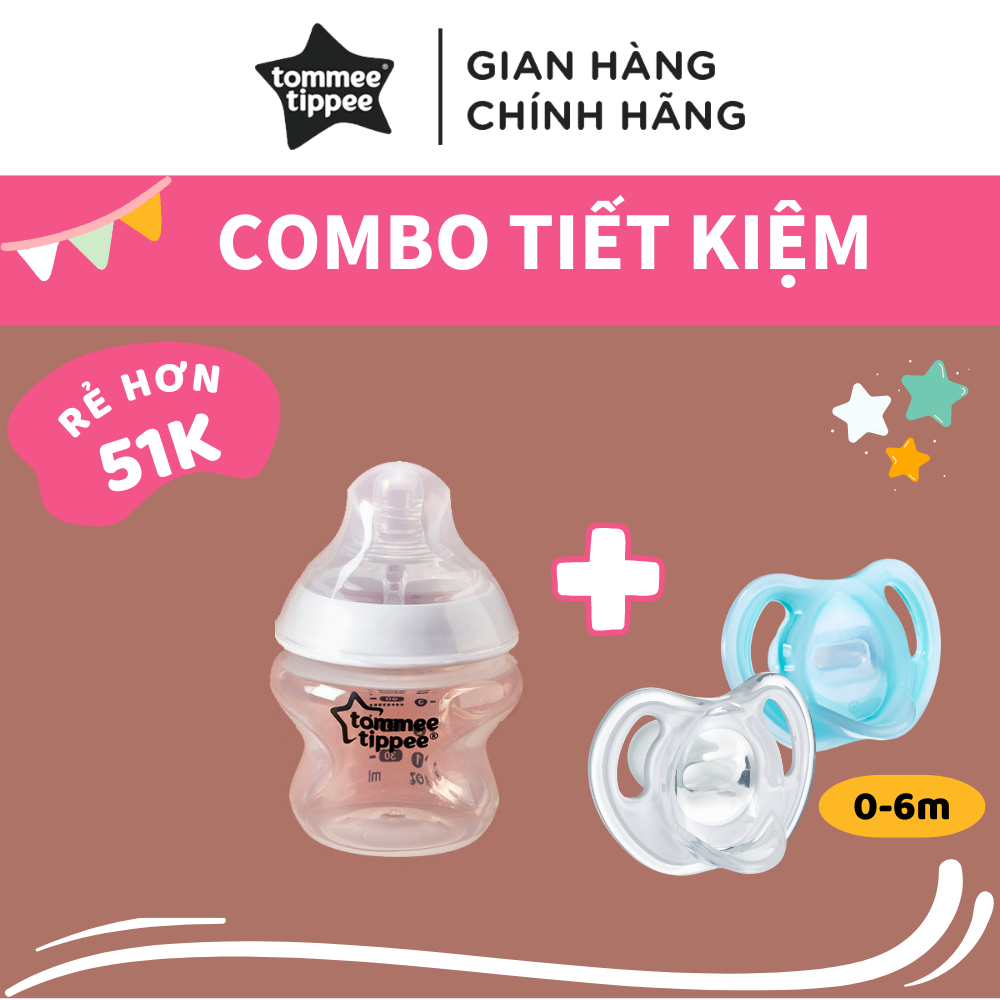 COMBO Bình sữa ty siêu mềm tự nhiên Tommee Tippee Closer to Nature 150ml &amp; Ty ngậm silicon siêu nhẹ cho bé Tommee Tippee Ultra Light 0-6 tháng (vỉ đôi) Xanh dương/Trắng