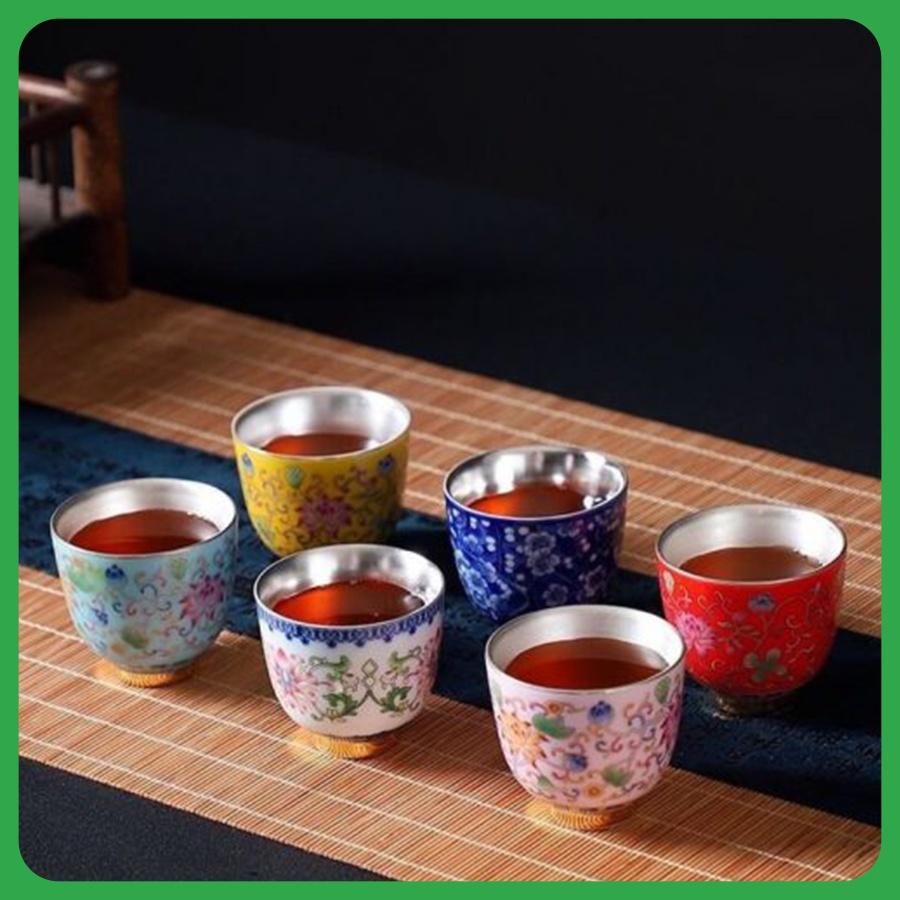 Chén Uống Trà Tử Sa Tráng Bạc SƯƠNG MAI Họa Tiết Hoa Sen Ngũ Sắc Tinh Tế Sang Trọng Dung Tích 70ML