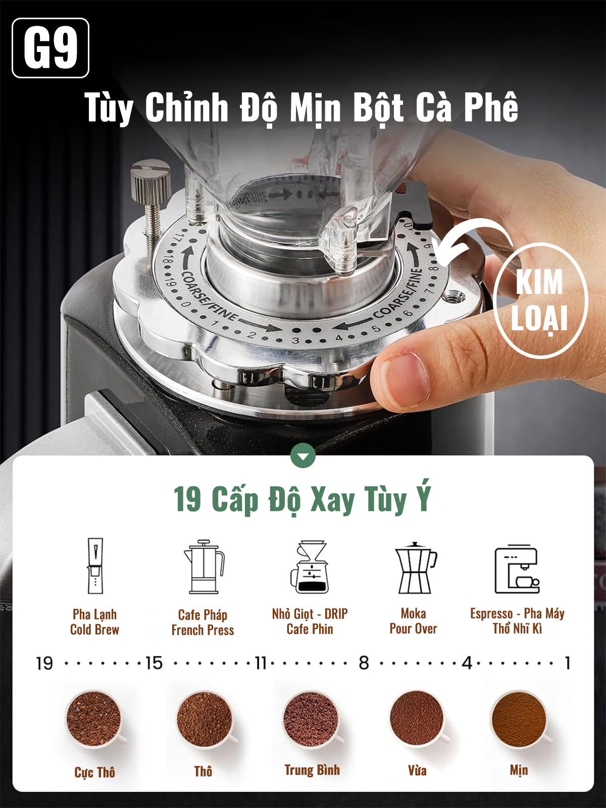 Máy Xay Cà Phê G9 Xay Hạt Cafe Pha Espresso, 19 Cấp Độ Xay Thô Đến Mịn, Lưỡi Phẳng Cho Gia Đình và Quán Cà Phê, Nhà Hàng, Hàng Chính Hãng