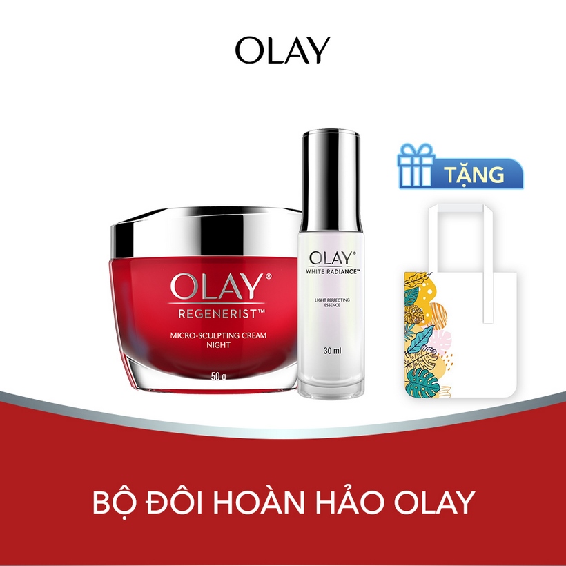 Bộ Đôi Hoàn Hảo Olay (Kem Vi Dưỡng Ban Đêm Olay Regenerist 50g + Dưỡng chất Trắng Da Olay White Radiance Advance Light Perfecting 30ml) [Tặng Túi Tote Thiết Kế Mới]