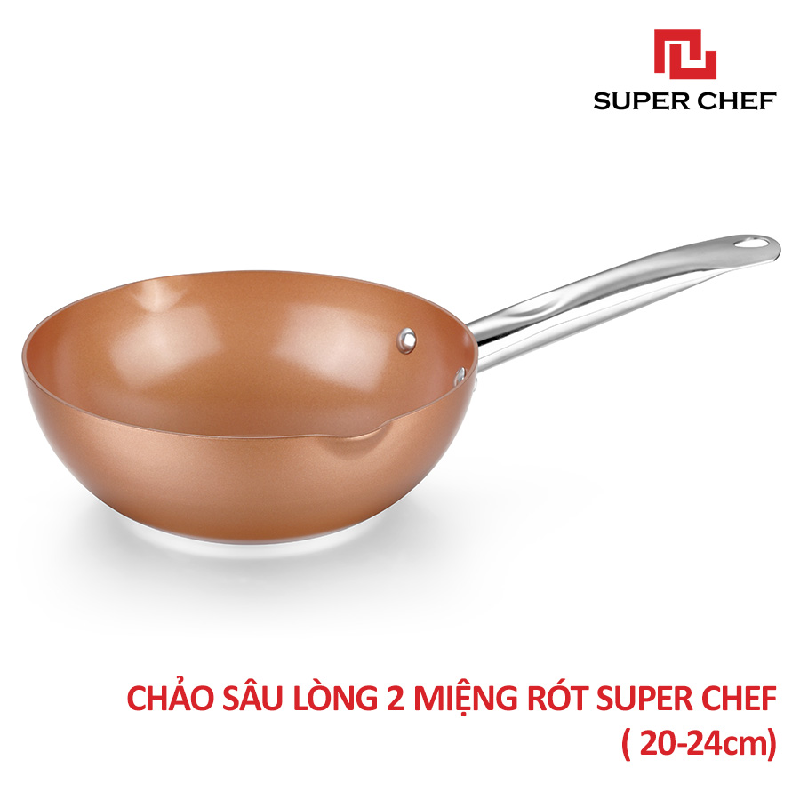 Chảo Chống Dính Ceramic Sâu Lòng 2 Miệng Rót Super Chef Đảm Bảo Sức Khỏe, Siêu Bề Bỉ Không Bong Tróc, Siêu Tiện Lợi ( size 20-24cm)