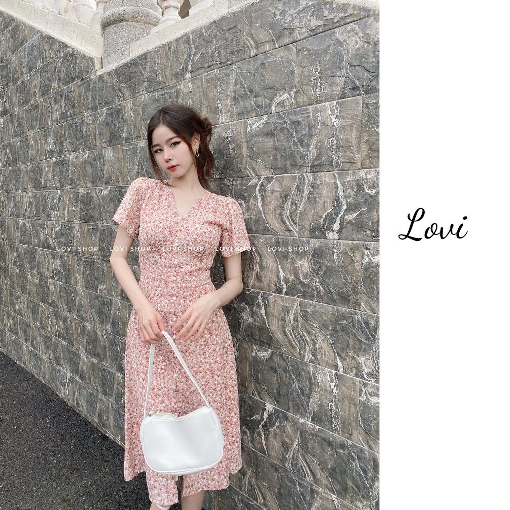 Váy đầm voan hoa nhí thiết kế nút ngọc cổ V phong cách thiểu thư vintage Lovi