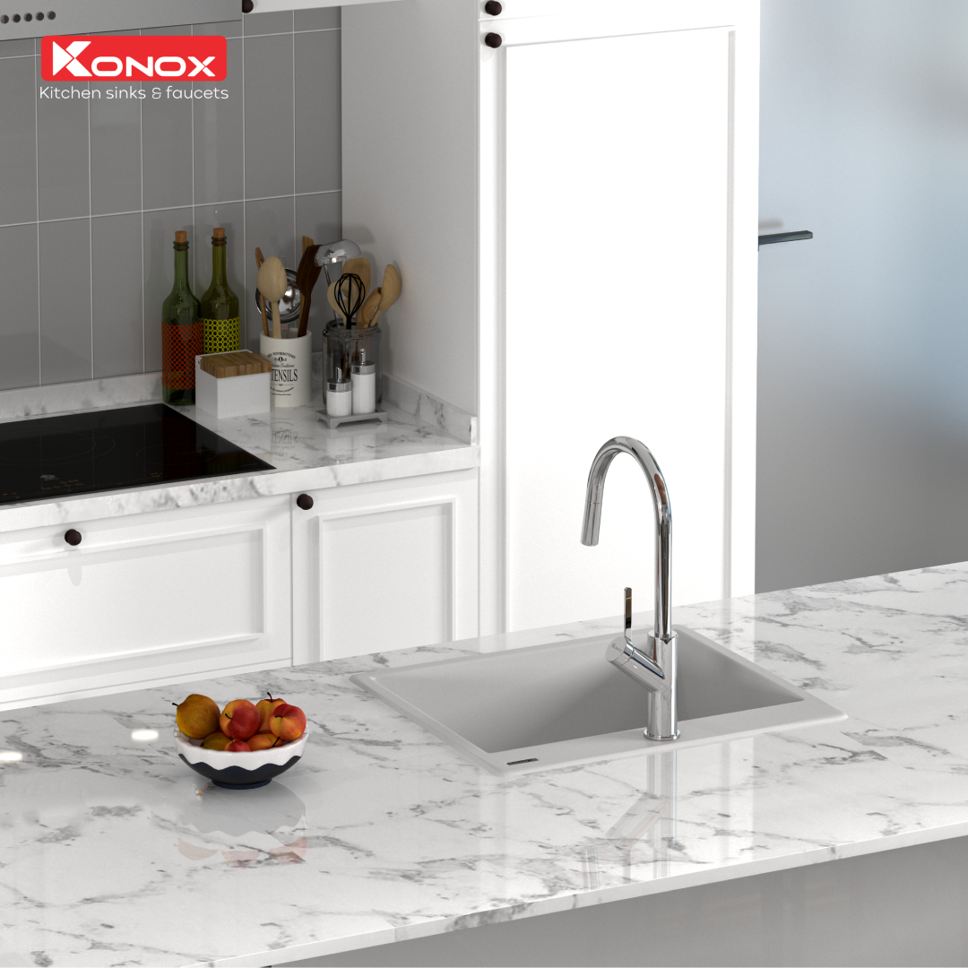 Chậu rửa bát Konox, Granite Series, Model Ruvita 680, Full set gồm Siphon+Giá úp bat Made in Italy, 680*500*200(mm), Hàng chính hãng