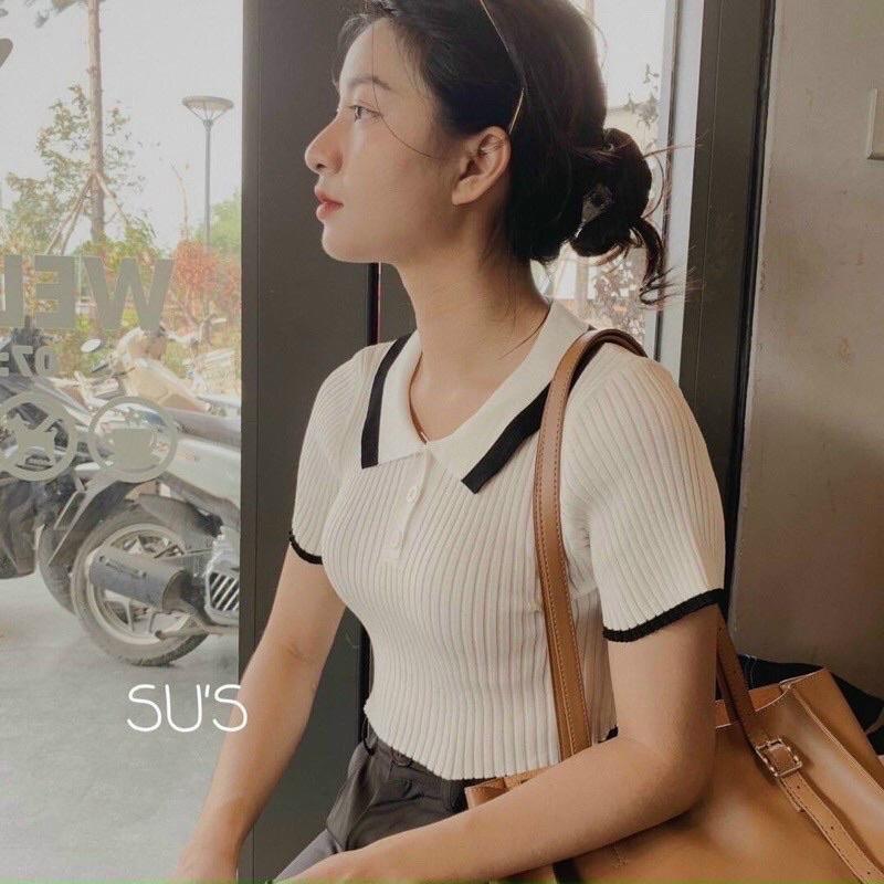 [L2M] Áo len Montoghi dệt kim CROPTOP DÁNG ÔM 2 MÀU cổ bẻ phối viền phối nút xinh xắn