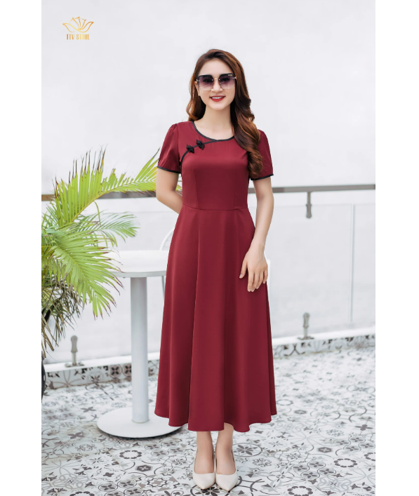 Maxi thời trang trung niên thiết kế Cổ tròn tay ngắn TTV Store TTV1177 Đỏ đô sang trọng