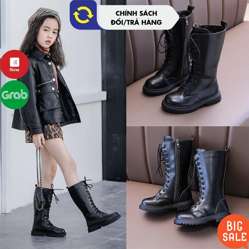 Giày bốt da cổ dài cho bé gái 3 - 15 tuổi cao đến đầu gối chân thời trang phong cách Âu Mỹ size 27 - 37