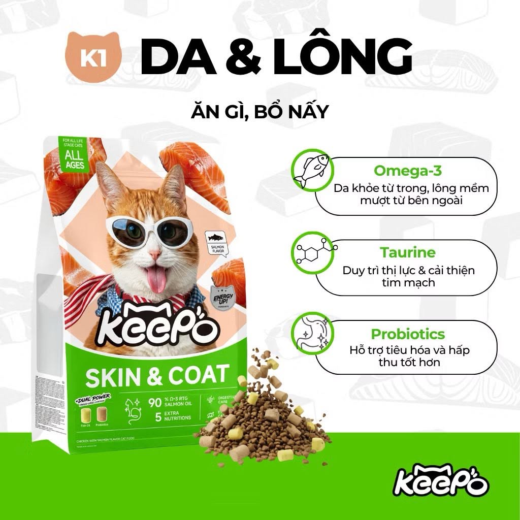 [SEAL 1KG] Hạt cho mèo Keepo K1 &amp; K2 - Đạm 30%, Đẹp lông da khỏe, Tiêu búi lông, Hỗ trợ tiêu hóa