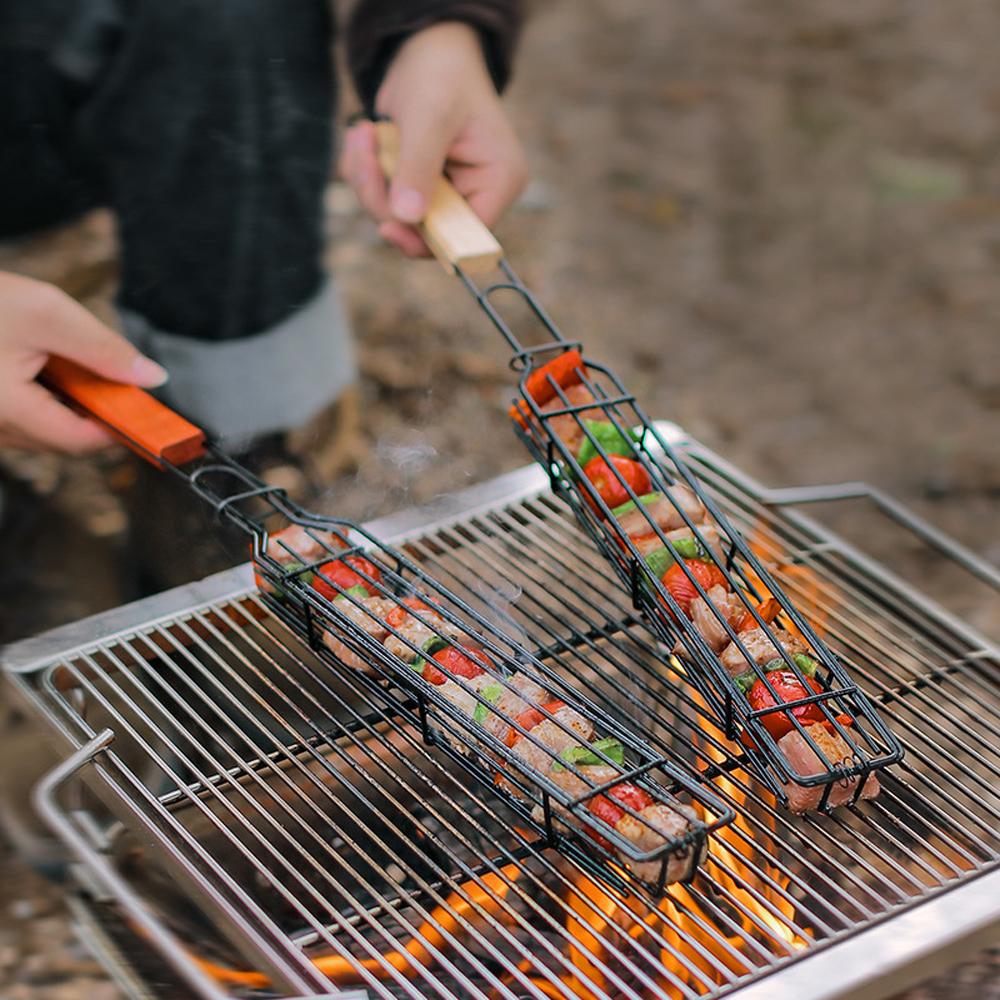 Camping BBQ Grilling Basket Charcoal Grill Outdoor Grill Tool Picnic Portable Wood Handle Roasting Meat Accessories