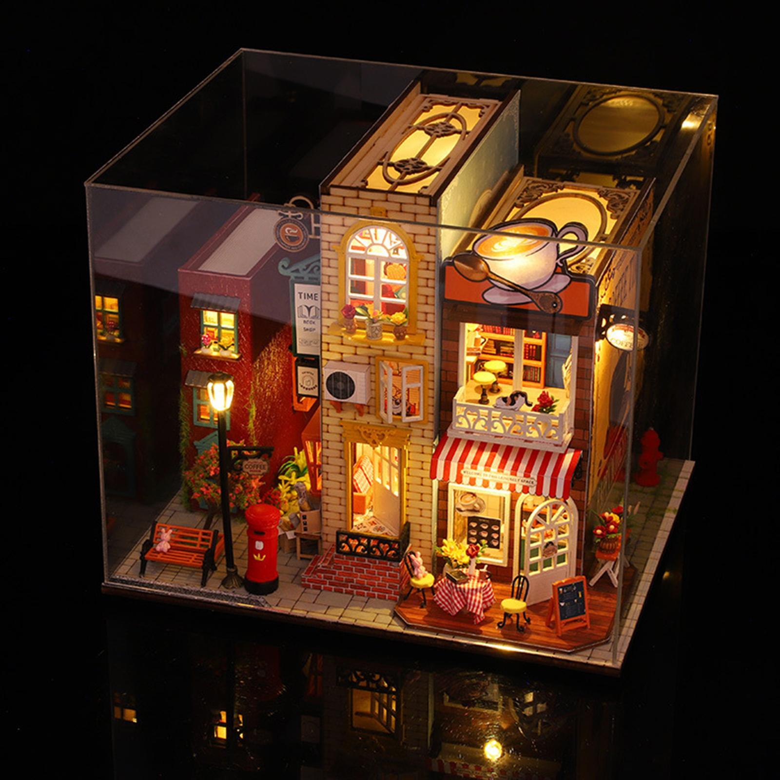 Unfinished Dollhouse DIY Kit with Dustproof Cover Wooden Dollhouse Miniature Kit Creative Room for Shelf Home Living Room Cabinet Decoration
