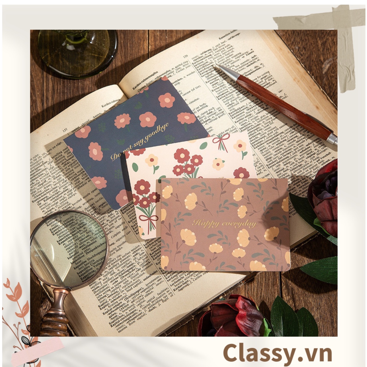 Thiệp Cổ điển Vintage in họa tiết hoa nhí giấy art sang trọng kèm phong bì giấy kraft nâu Q724