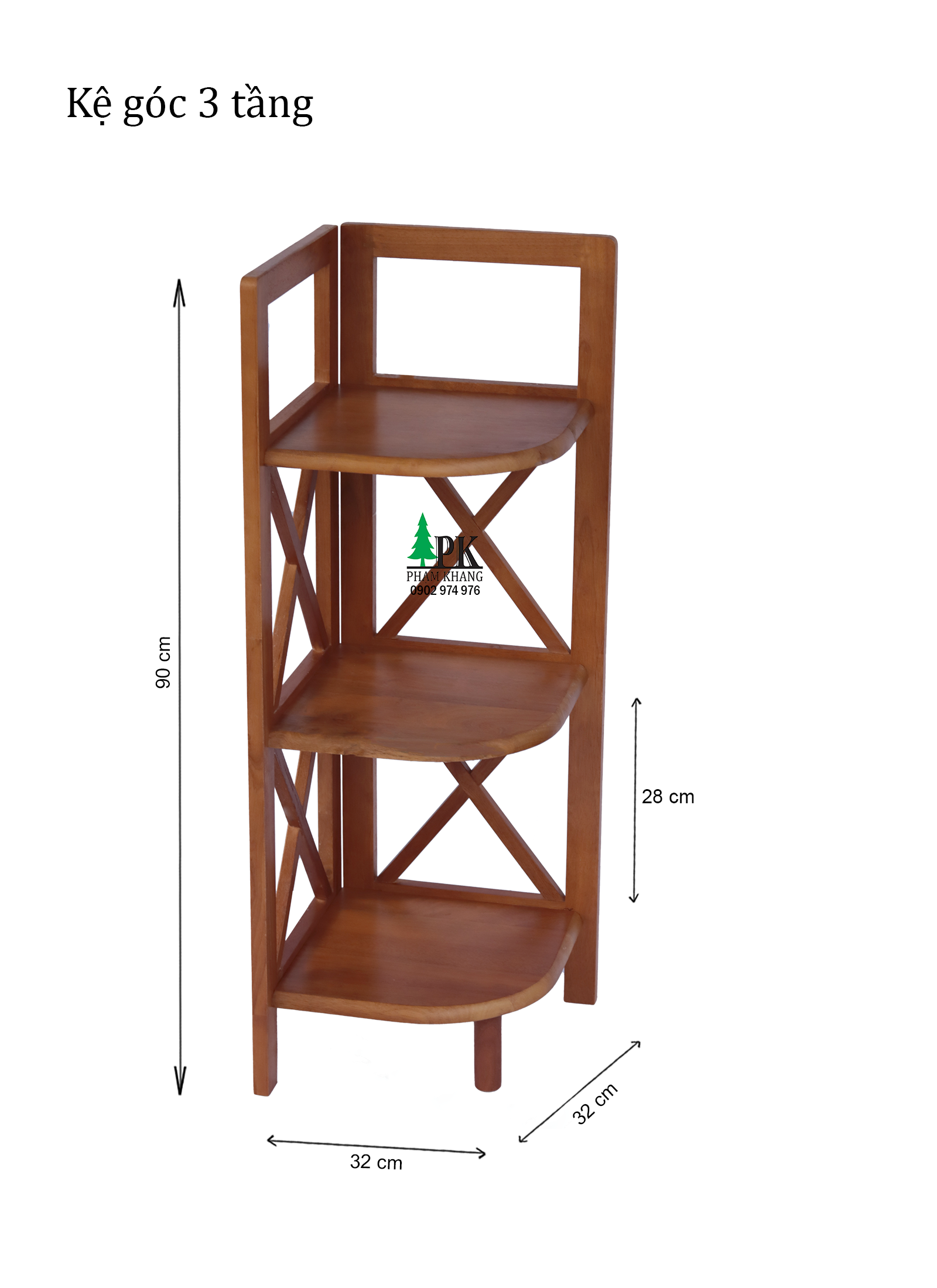 Kệ góc gỗ Phạm Khang 3 tầng rộng 32cm màu vàng cherry