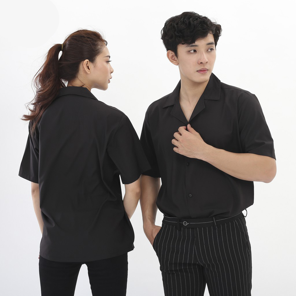 Áo sơ mi ngắn tay nam nữ cổ vest trơn trắng và đen cao cấp