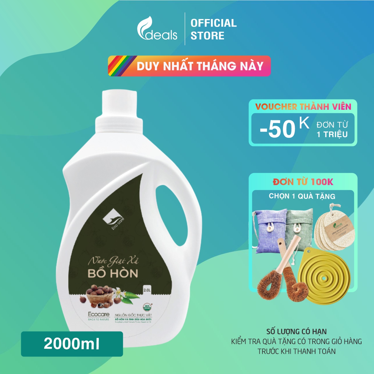 Nước Giặt Xả Hữu Cơ Bồ Hòn Tinh Dầu Hoa Bưởi Ecocare 2 Lít - Bền Màu, Giữ Dáng, Làm Mềm Vải, An Toàn Da Nhạy Cảm - Tinh Dầu Hoa Bưởi