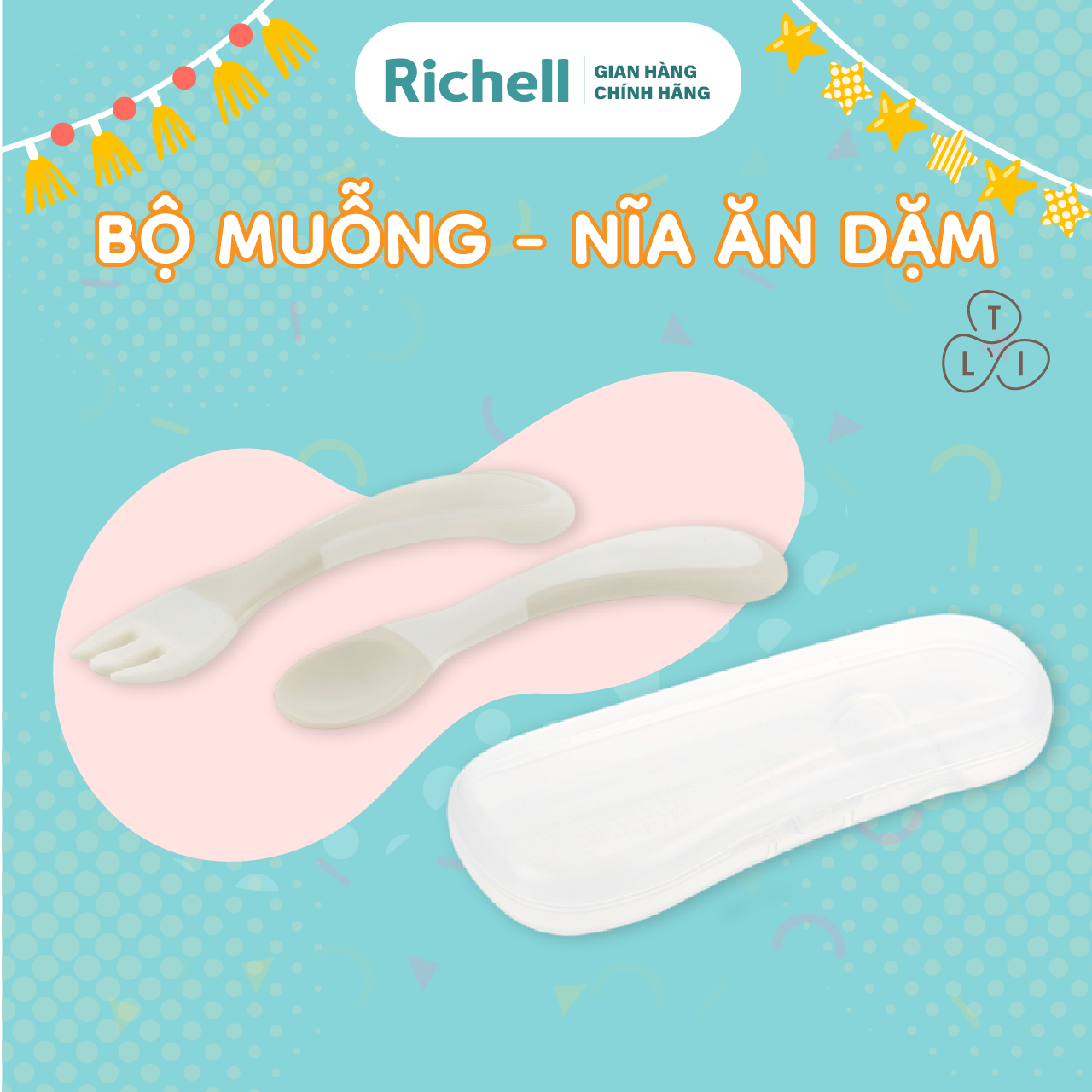 Bộ muỗng nĩa cong RICHELL TLI cho bé tự xúc có hộp đựng  | Baby