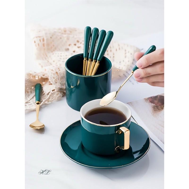 Thìa, dĩa mạ vàng cán sứ màu xanh cổ vịt