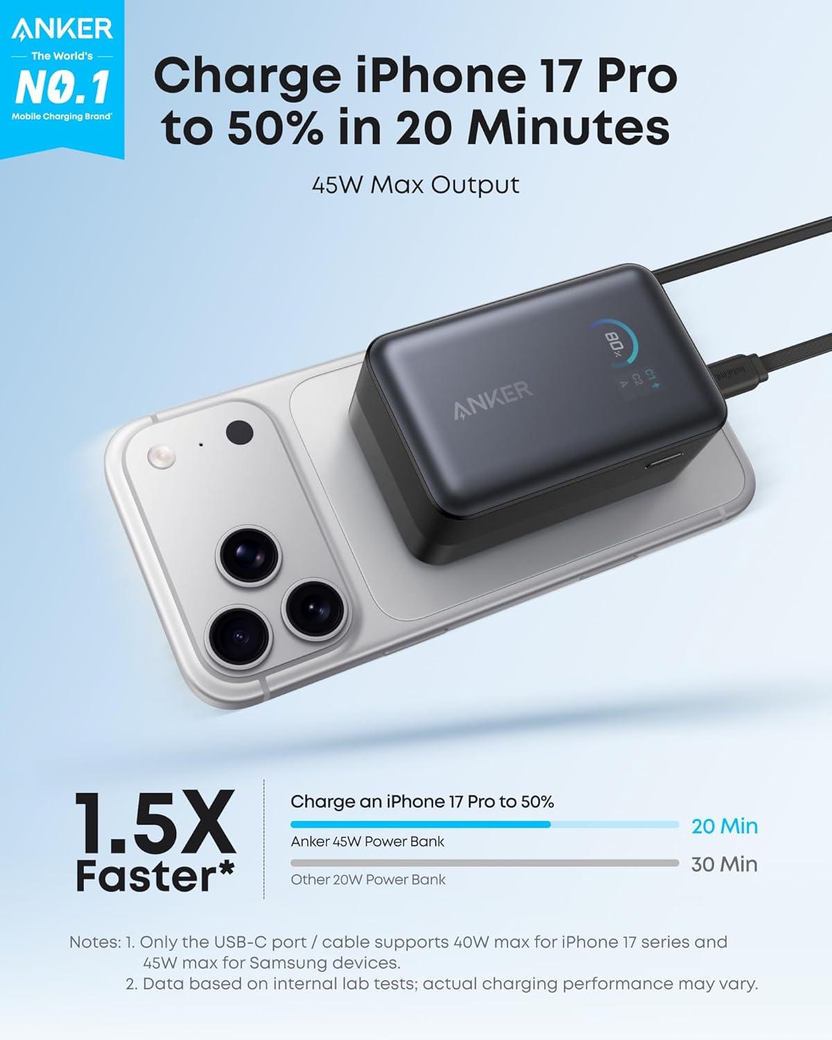 Sạc dự phòng Anker Nano 2C1A 45W 10000mah (Built-In Retractable USB-C Cable) Đen (Black) A1638 - Hàng Chính Hãng